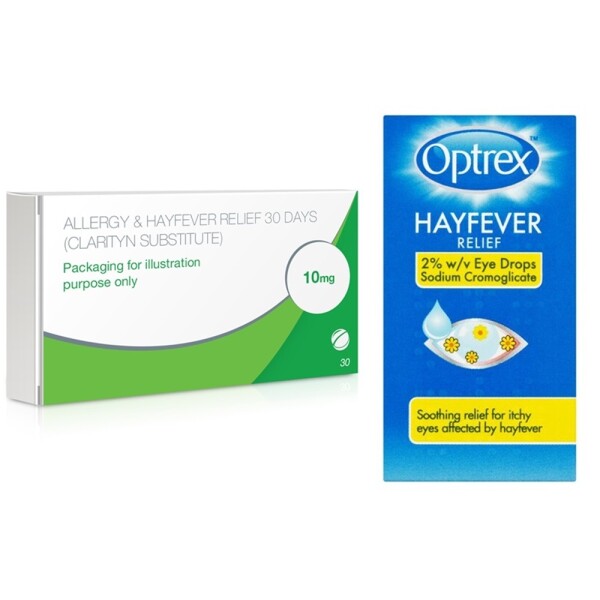 Allergy & Hayfever Relief Loratadine and Optrex Allergy Eye Drops Bundle - 30 Tablets + 10ml