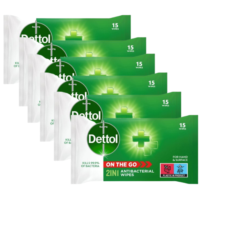 Dettol 2-In-1 Antibacterial Wipes- 15 Wipes