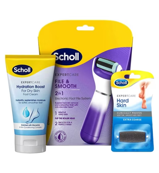 Scholl Electronic Footfile, Roller Head Refill and Foot Cream Bundle